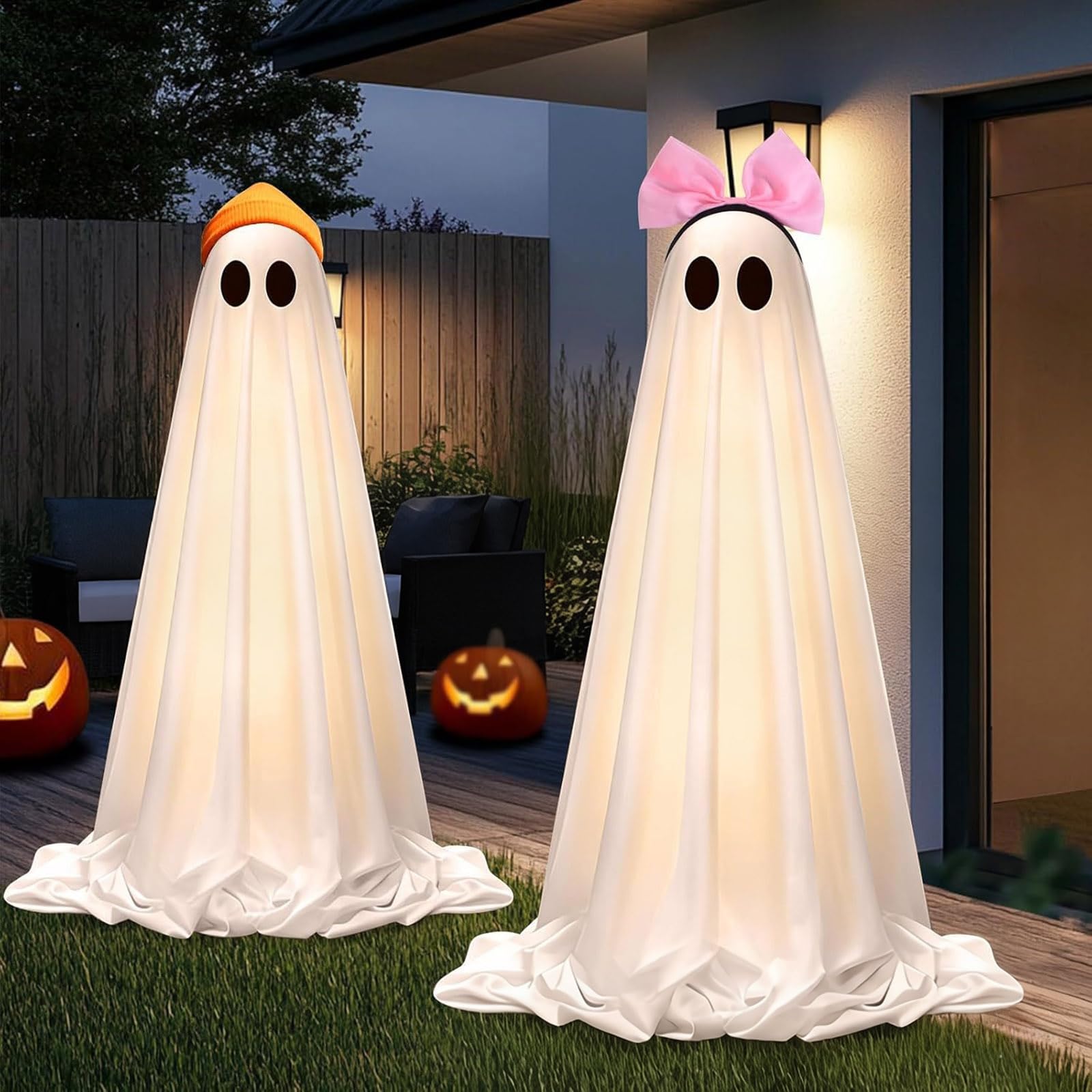 Dekoracje halloweenowe na zewnątrz i wewnątrz, 2 sztuki, świecące urocze dekoracje, DIY, stojący zestaw dekoracyjny z małymi, na podwórka, do ogrodu, na werandę i imprezę, rzeźby ogrodowe (białe