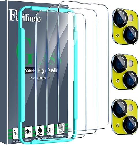 Ferilinso Paquete de 3 dijes de pantalla para iPhone 14 con 2 protectores de lente de cámara de vidrio templado compatible con fundas de teléfono,