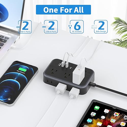 Miniatura 4 de NTONPOWER - Cable de extensión de enchufe plano ultrafino 10 en 1 con 4 puertos USB (incluye 2 USB C) protector de sobretensiones con cable plano, 6