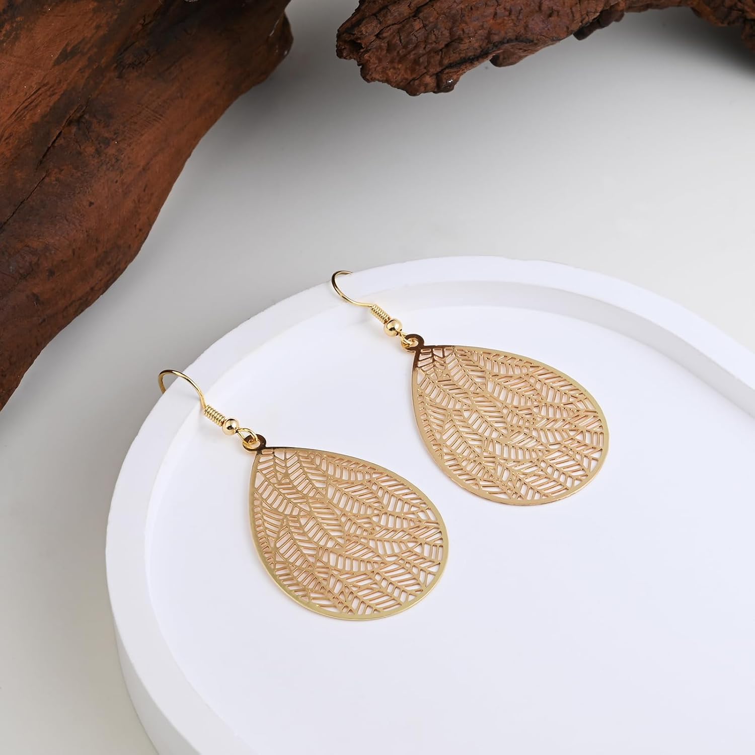 Gold Teardrop Drop Dangle Earrings Leaf Earrings for Women Trendy Filigree Hanging Earrings for Gift - Image 5