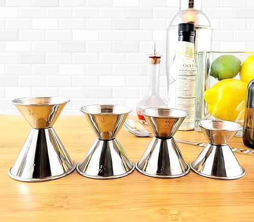 Miniatura 3 de Jiggers de cóctel de estilo económico, incluye todas las medidas de barra esenciales, acero inoxidable, juego de 4