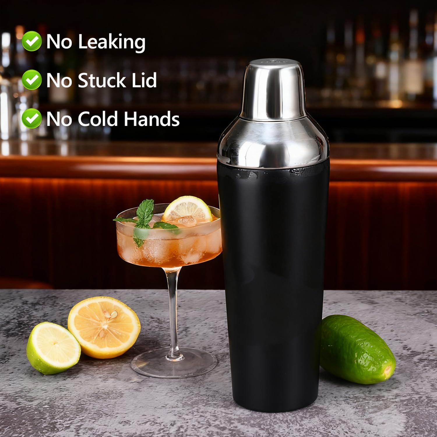 Insulated Cocktail Shaker Black - 23oz Double Wall Vacuum Stainless Steel Martini Shaker with Built-in Strainer & Jigger Lid, Pro Leak-Proof Weighted Shaker for Home Bar, Premium Bar Gift Set - Image 2