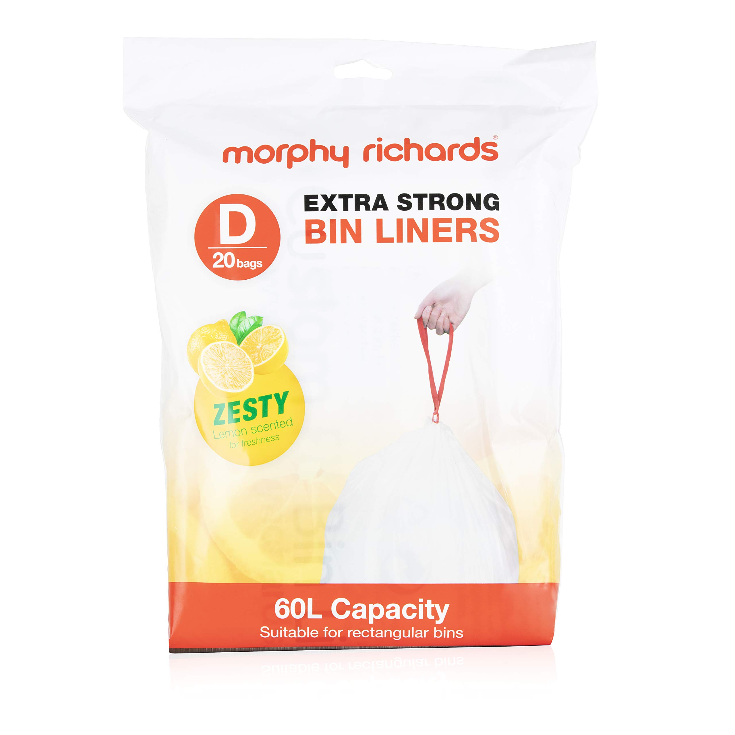 Morphy Richards979038 Kitchen Bin 60L Lemon Scented Heavy Duty Drawstring Bin Liners, 20 Pack, White compatible with most 60L bin