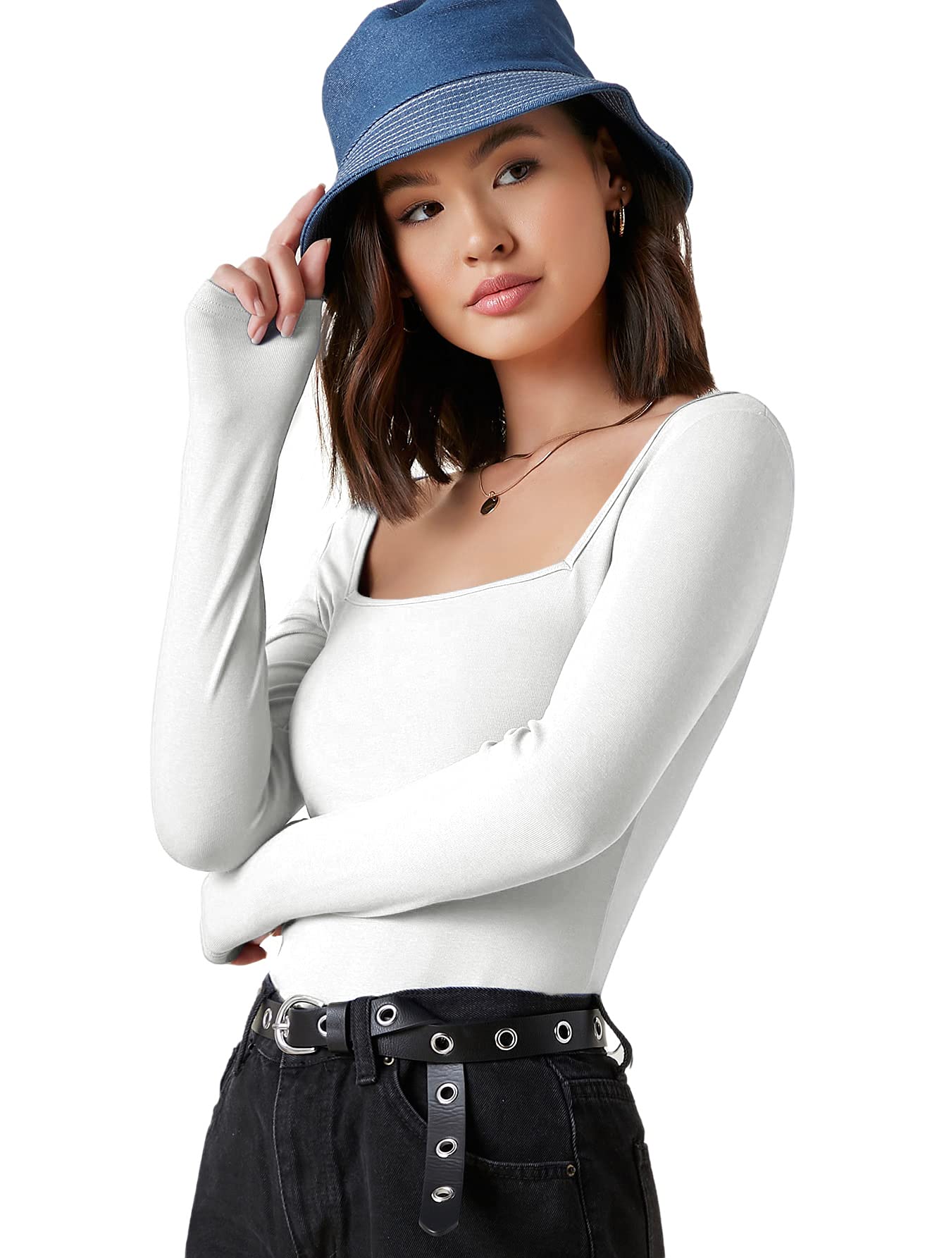 Verdusa Women's Basic Square Neck Long Sleeve Solid Slim Fitted T-Shirt Top