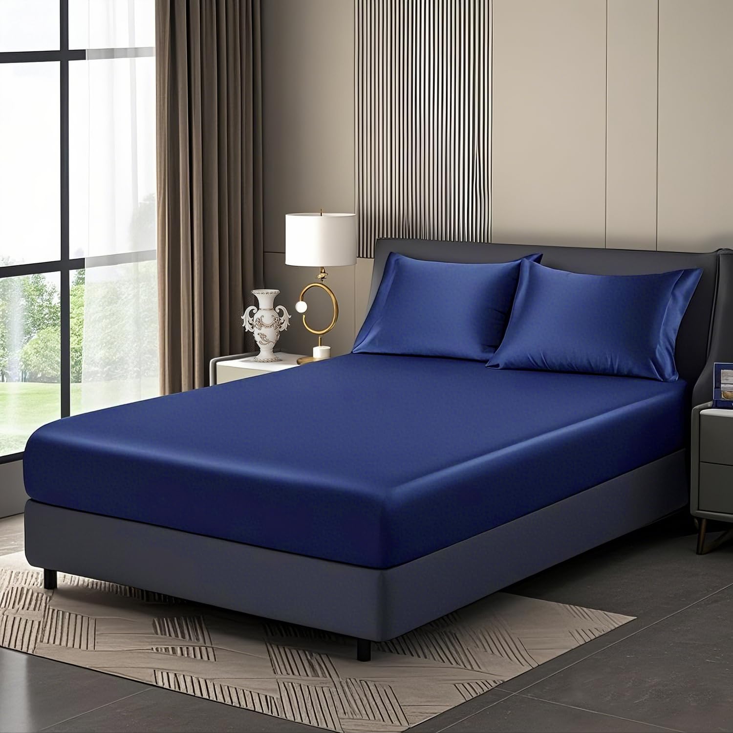 Luowei Satin Spannbettlaken Boxspringbett 90x200cm Sommer Bettlaken Dunkelblau Seidig Seide Kühlend Microfaser Spannbetttuch 90x200 Weich Maschinenwaschbar für Hohe Matratze bis 25-30 cm