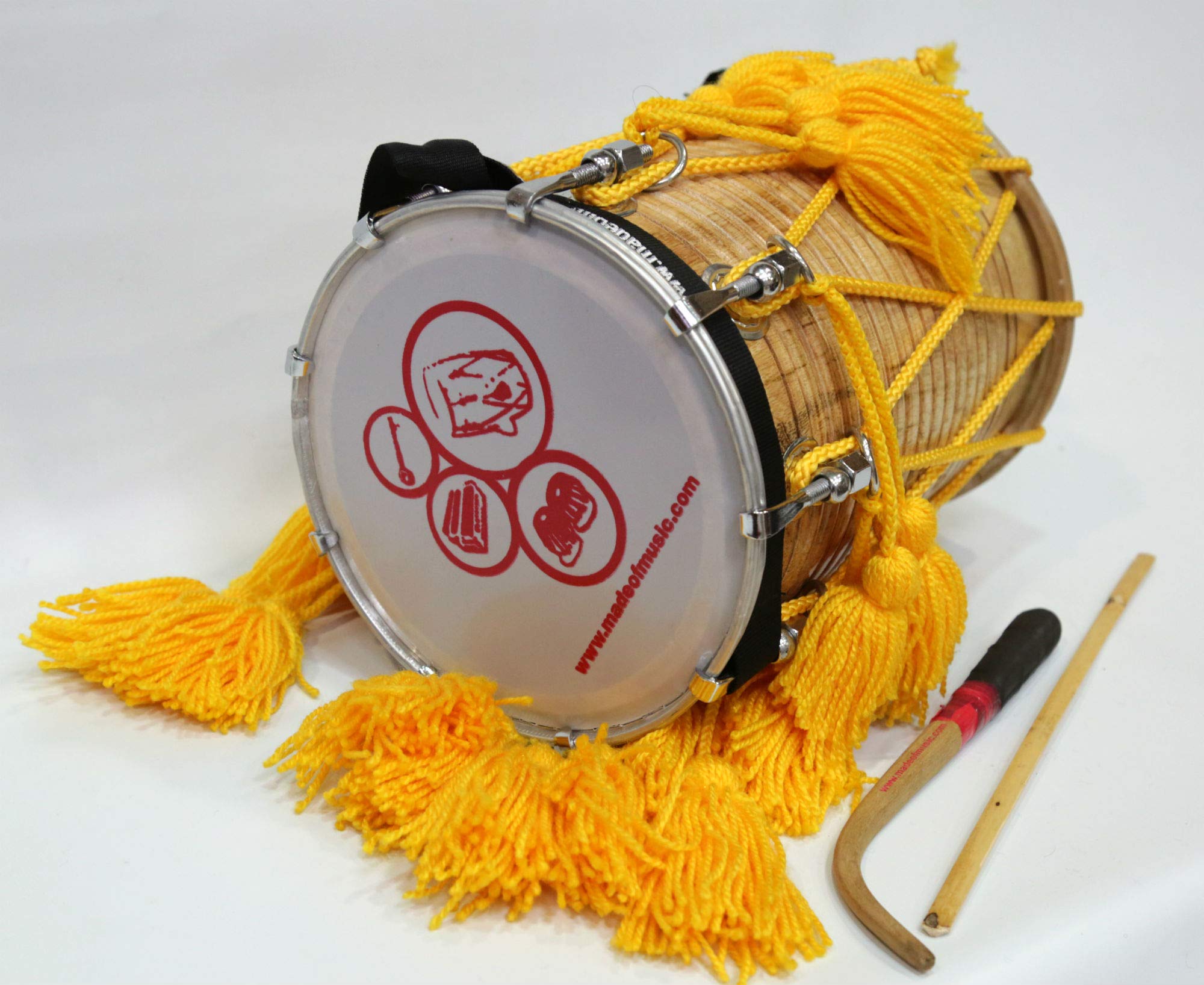 Bhangra Dhol Drum Yellow Children’s Size 12" x 7" Includes Sticks, Decorations