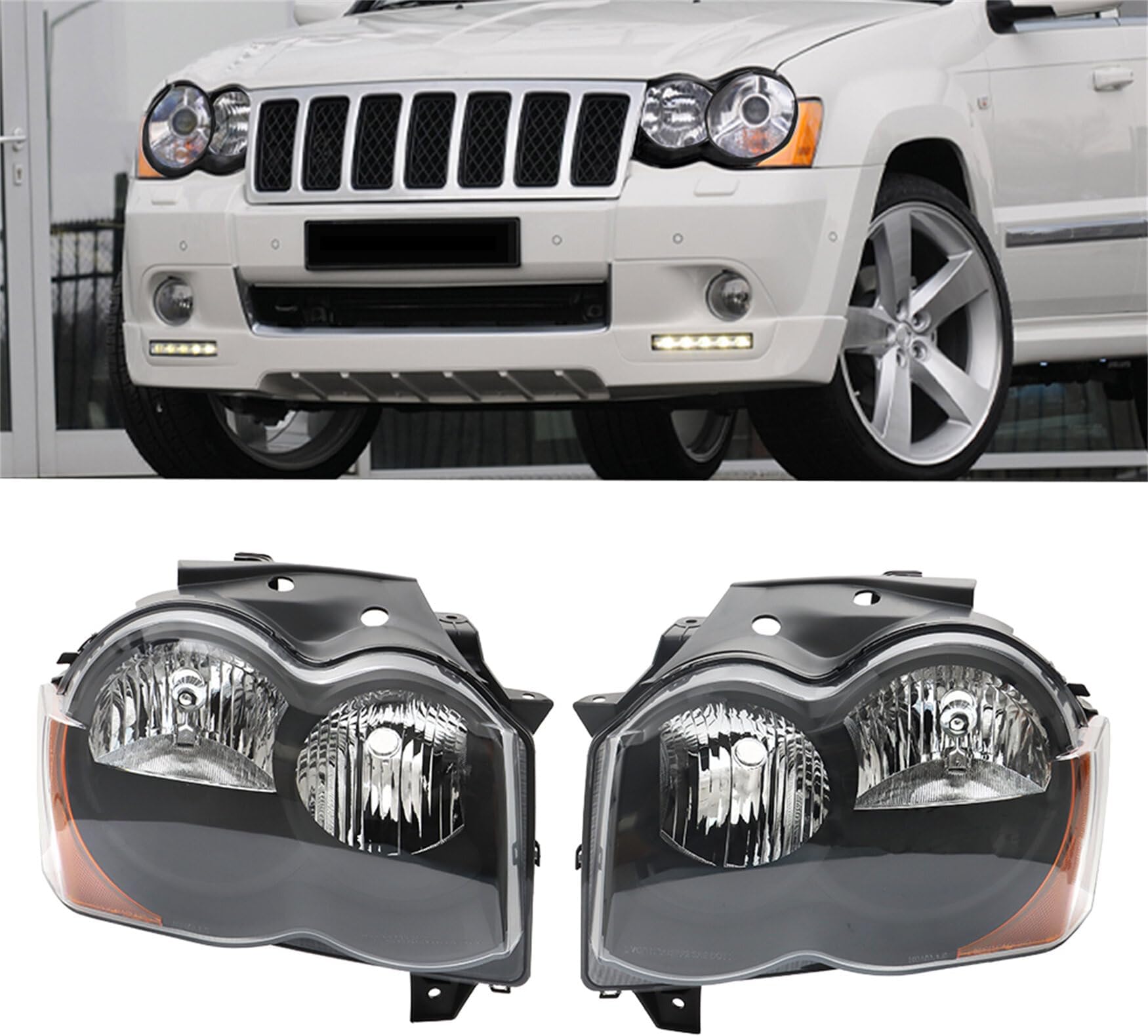 WFLNHB Headlight Assembly Replacement for Grand Cherokee 2008-2010 Black Headlights Assembly Set Driver ＆ Passenger Side 55157482AE, 55157483AE