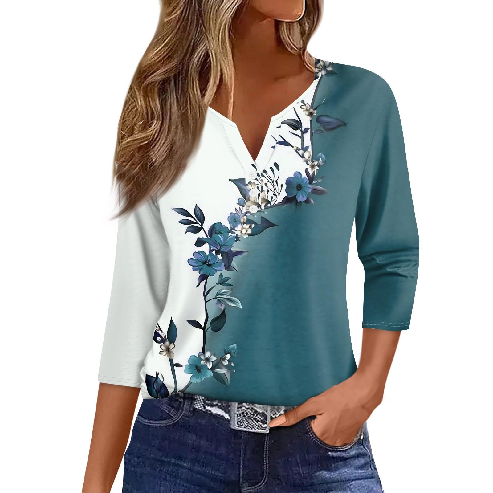 HSUAYEUD Womens Tops Dressy Casual 3/4 Sleeve 3/4 Length Sleeve UK Button Down Summer Tops V Neck T Shirts Blouses Casual Print Tunics Graphic Tees Blue XL