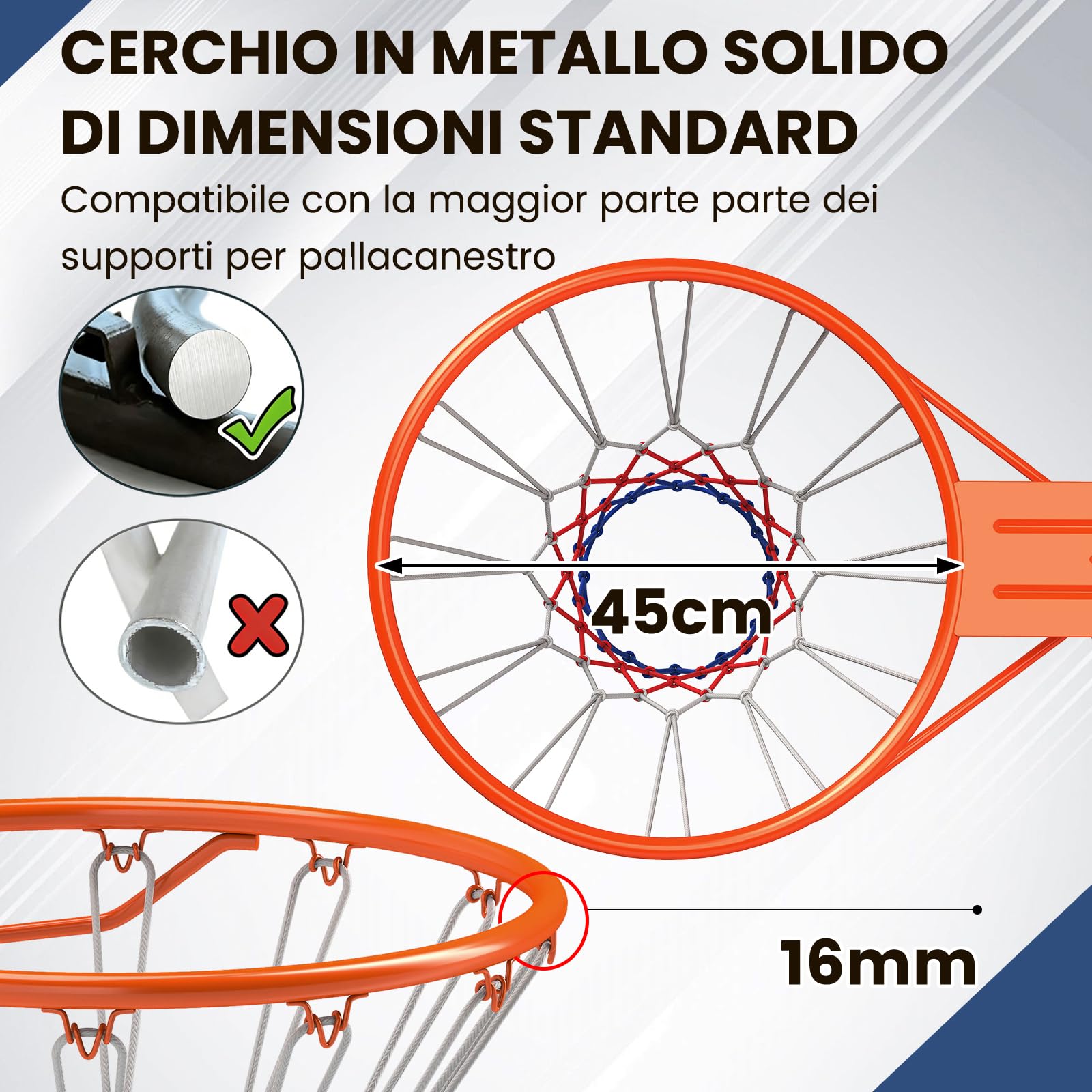 COSTWAY Canestro da Basket a Parete 45 CM, Anello da Pallacanestro da Muro con Doppia Molla, Rete Resistente e 12 Anelli, Cerchio Universale da Basket per Interno ed Esterno