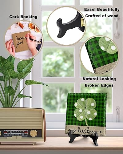 Miniatura 5 de Placa de cerámica del día de San Patricio con soporte de madera trébol punteado placas decorativas de mesa de la suerte letrero de decoración de