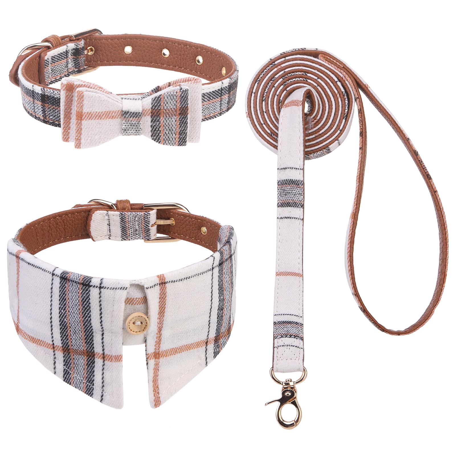 EXPAWLORER Hundeleine & Halsband-Set Mit Fliege – Karomuster, Verstellbar Für Kleine Hunde/Katzen, Beige XS