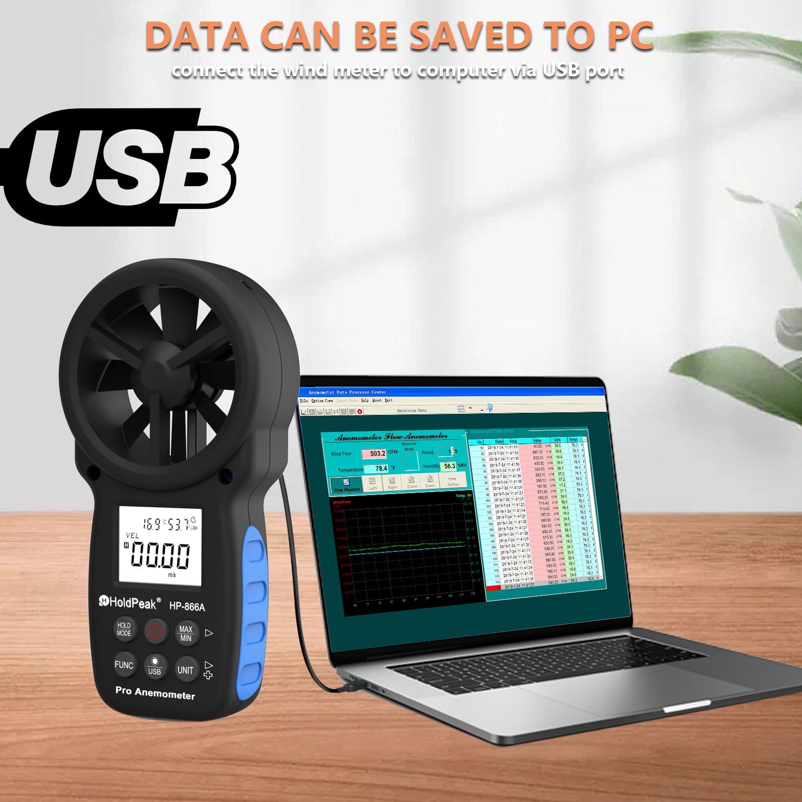 HoldPeak Anémomètre Digital Portable 866A, Anémomètre VMC m3/h avec Mémorisation Des Données, Mesure Débit et Vitesse Du Vent d'air et Humidité, Exportation via USB