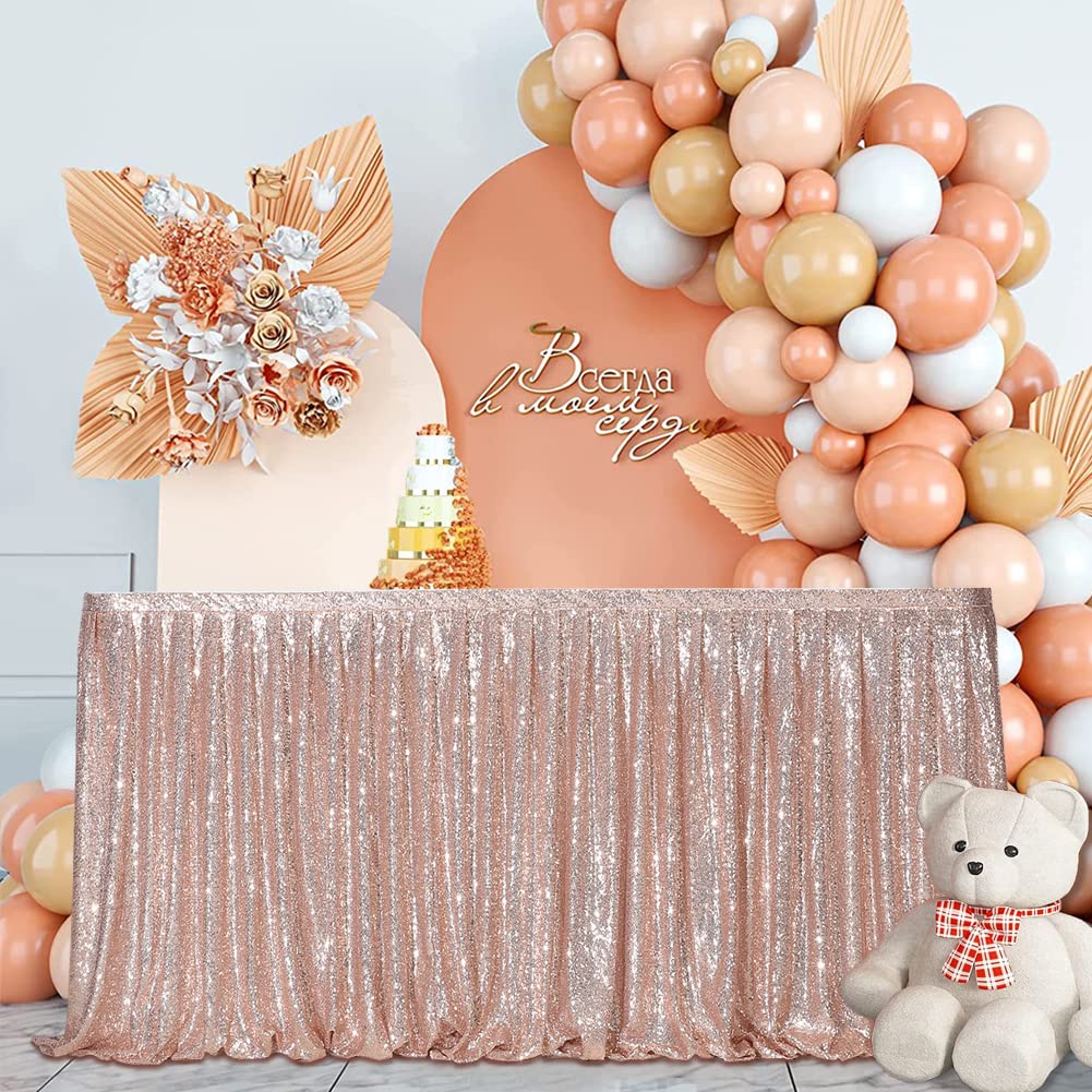 DominiBurl 9FT Rose Gold Sequin Table Skirt for Valentine's Day Decorate Rectangular/Square/Round Table, Wedding Birthday Party Family Gathering Baby Shower, Elegant and Romantic Atmosphere.