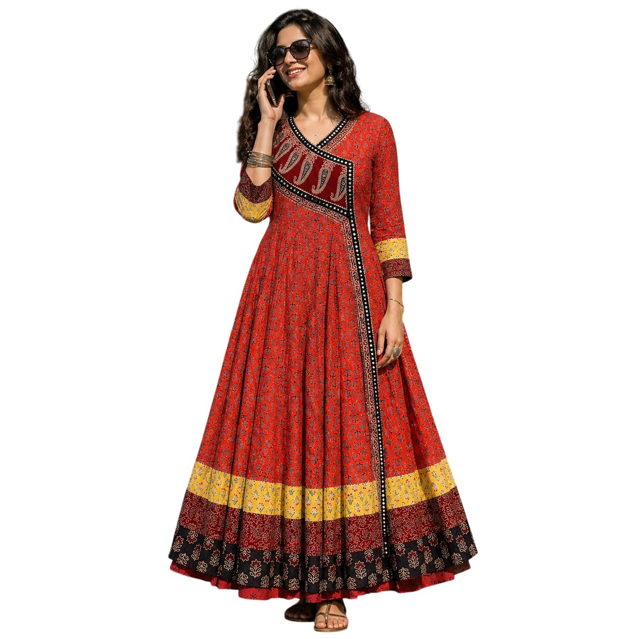World Famous Hand Block Print of MP. Traditional Block Print Pure Cotton kalidar Full Length Frock,Multicolor Patch on Neck Sleeve and Bottom.Size XXL.-image-10