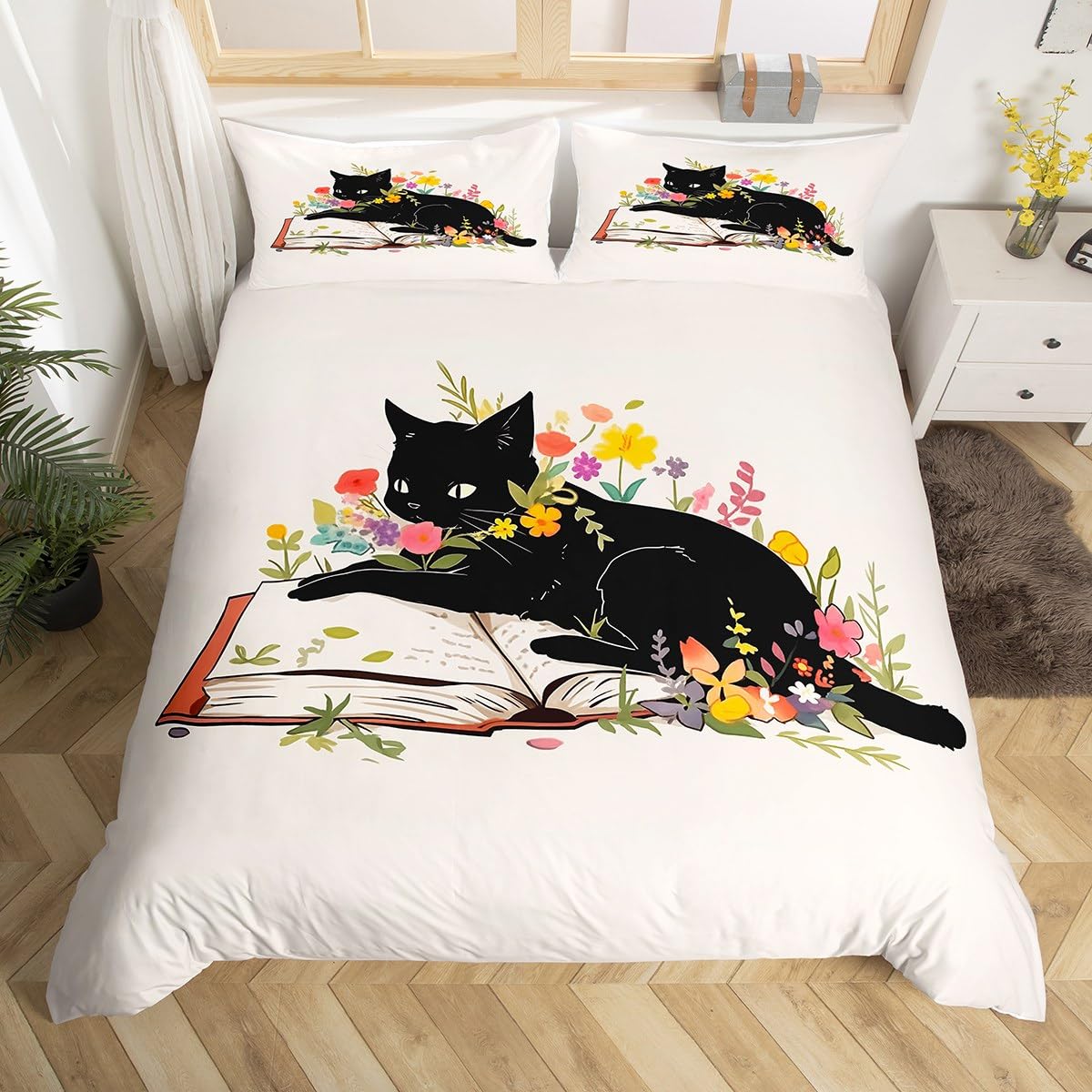 Manfei Cute Cat Duvet Cover,Cartoon Pet Animal Reading Book Print King Size Duvet Cover for Kids Adults,Nature Watercolor Blooming Flowers Soft Comforter Cover(No Filler) with Zipper Closure