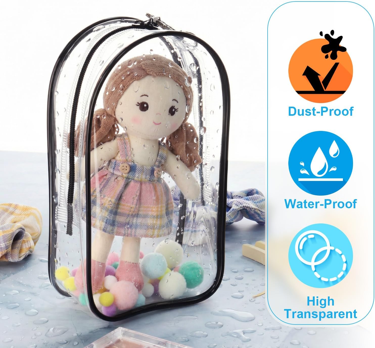 2 Pcs Figure Display Bag Doll Hanging Case Protective Storage Carrying Holder for Blind Box Figure Doll Collectibles - Dual Zipper & Waterproof Thicken Cover with Pompoms & Keychain (Large - 7" H)