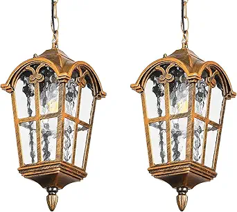 Gold Outdoor Pendant Light for Porch Patio Garden Yard, Anti-Rust Aluminium Exterior Hanging Light Fixtures, Outside Vintage Hanging Ceiling Outdoor Pendant Lamp Height Adjustable, 2pack