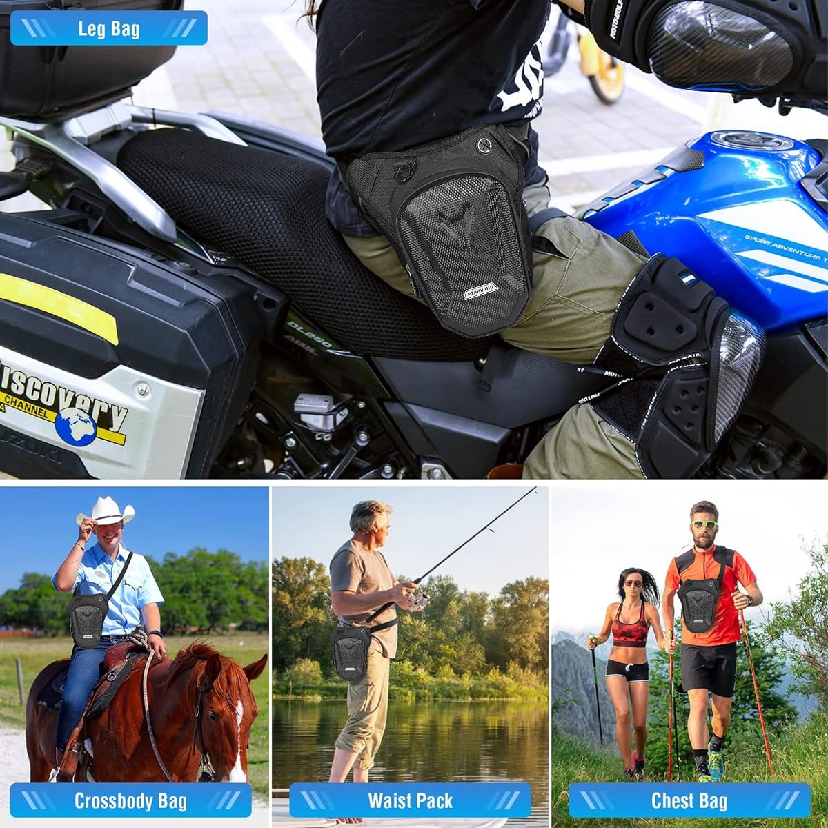 Marsupio Gamba Moto,Borsa Gamba Moto con Due Scomparti Principali per Riporre Oggetti Separati,Cinghie Regolabili per Vita e Gamba per Adattarsi a Diverse Misure Corporee