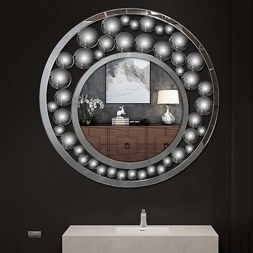 Espejo decorativo vintage para pared, estilo europeo, espejo colgante creativo de lujo, espejo redondo plateado, 36 x 36 pulgadas, adecuado para