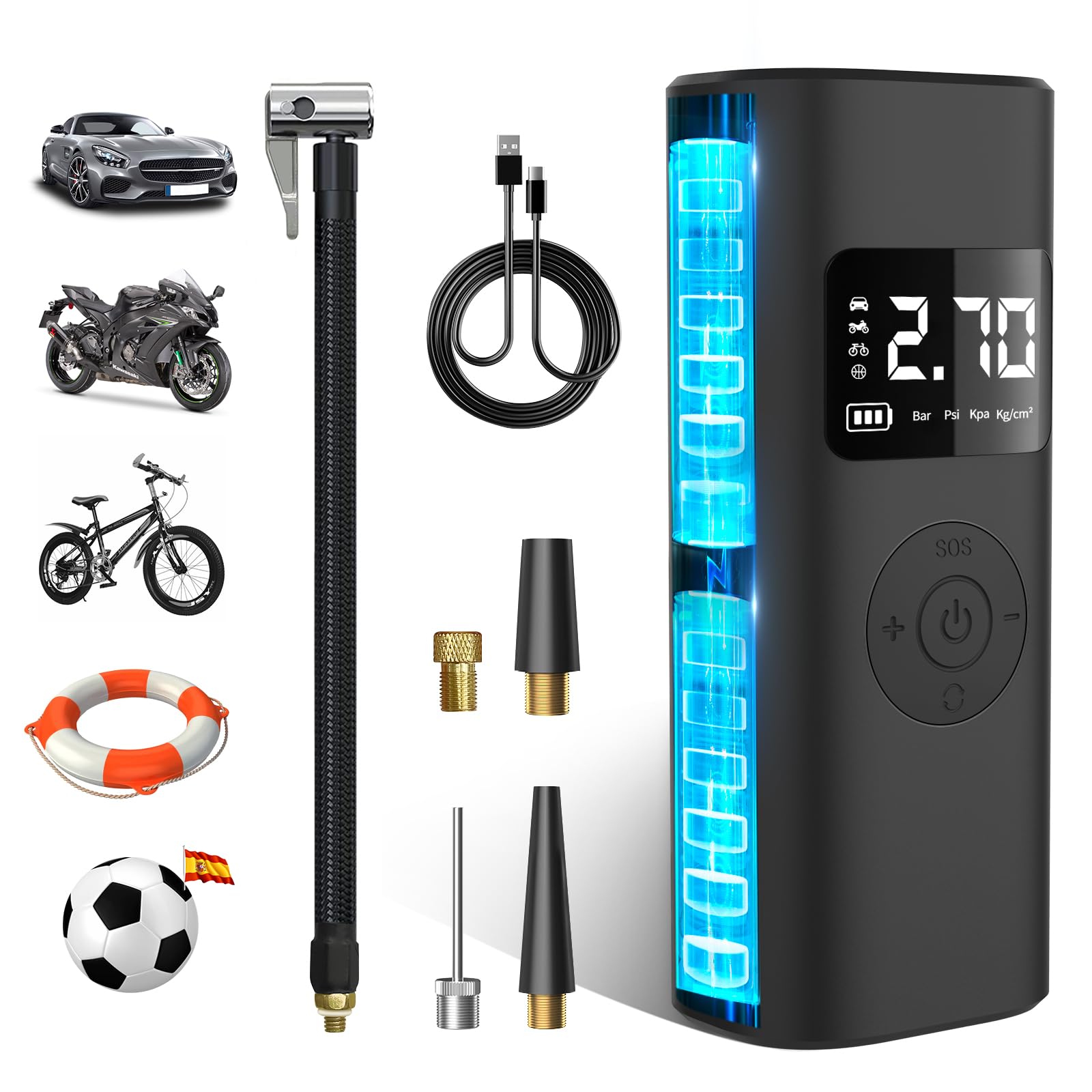 AWESAFE 7800mAh Compresor Aire Portatil 150PSI &Power Bank, Inflador Ruedas Coche con Pantalla LCD Digital y Linterna LED SOS, Bomba de Aire Bicicletas, Scooters, Moto, Coche, Pelotas