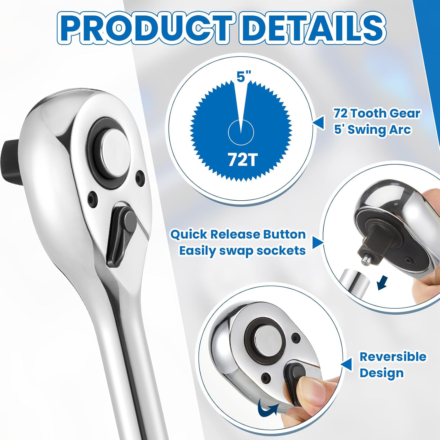 Lasnten 6 Piece Ratchet Set 1/4" 3/8" 1/2" Long and Stubby Drive Ratchet Socket Wrench Kit 72-tooth Quick-release Reversible, Alloy Steel