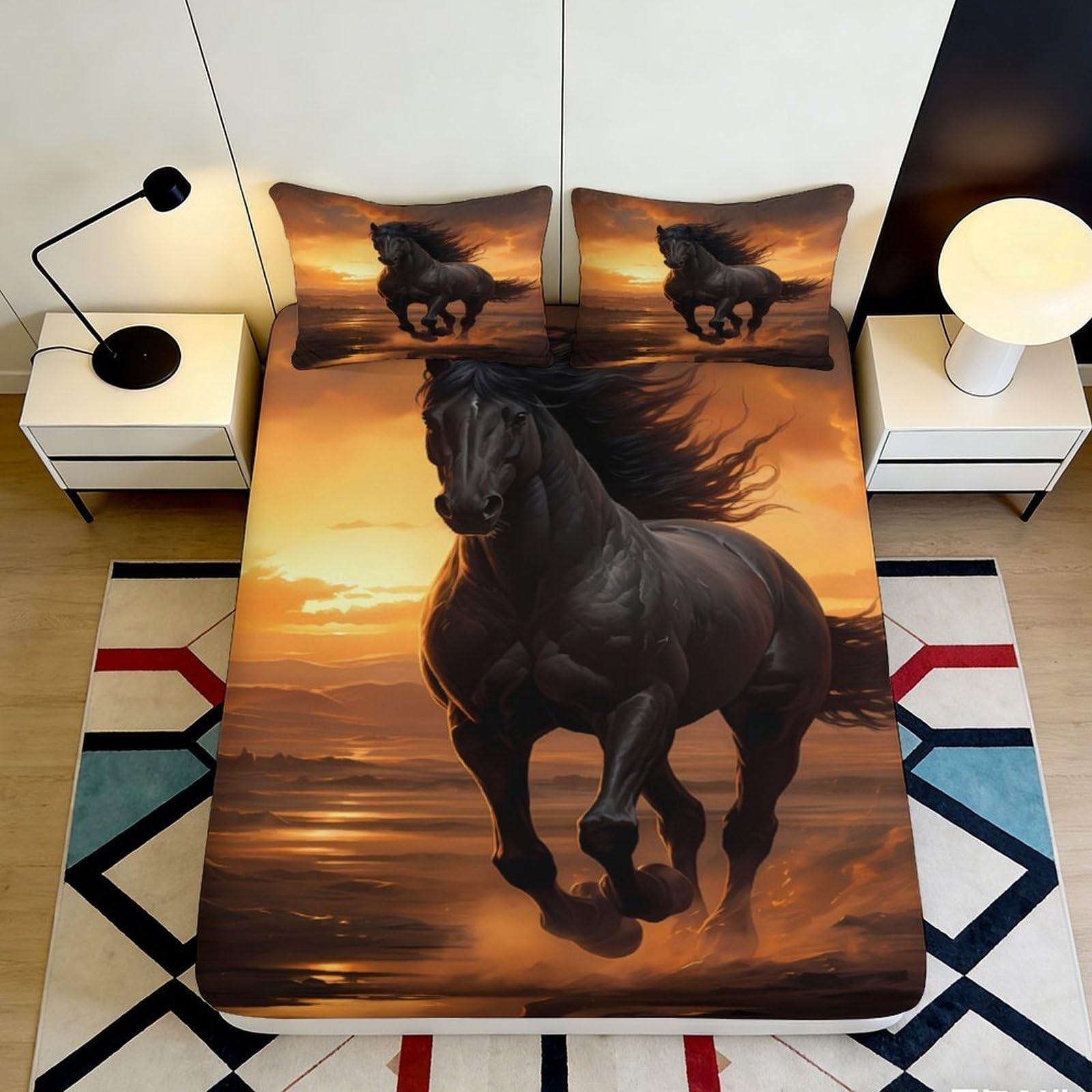 3D Printed Black Horse Sunset Fitted Sheet Microfiber Soft Bedroom Decor Wild Stallion Mattress Cover 90x200x25cm