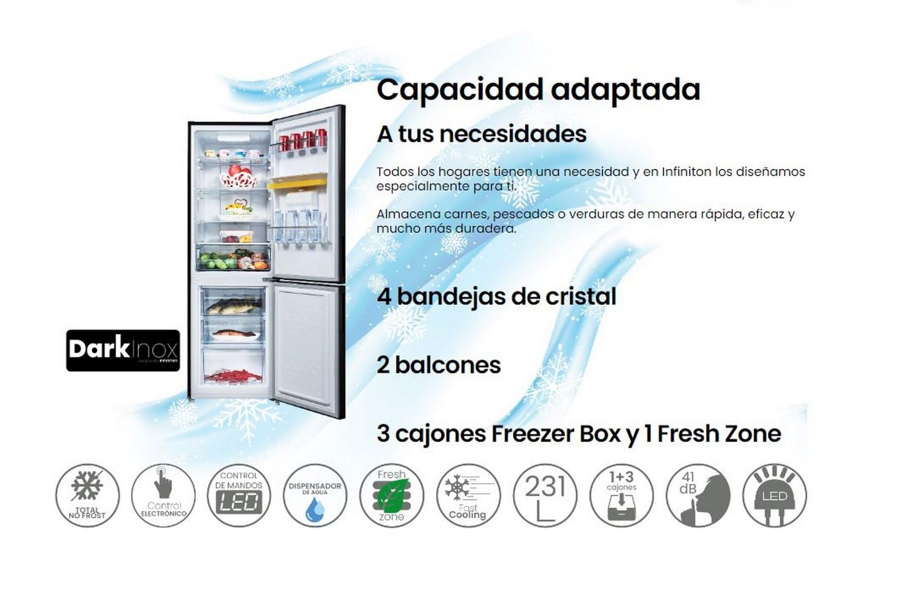 INFINITON Frigorifico Combi FGC-A174ND, 231 Litros, 170 cm de Altura, Dispensador de Agua con Deposito de 2 L, E, Total No Frost, Acabado en Dark Inox