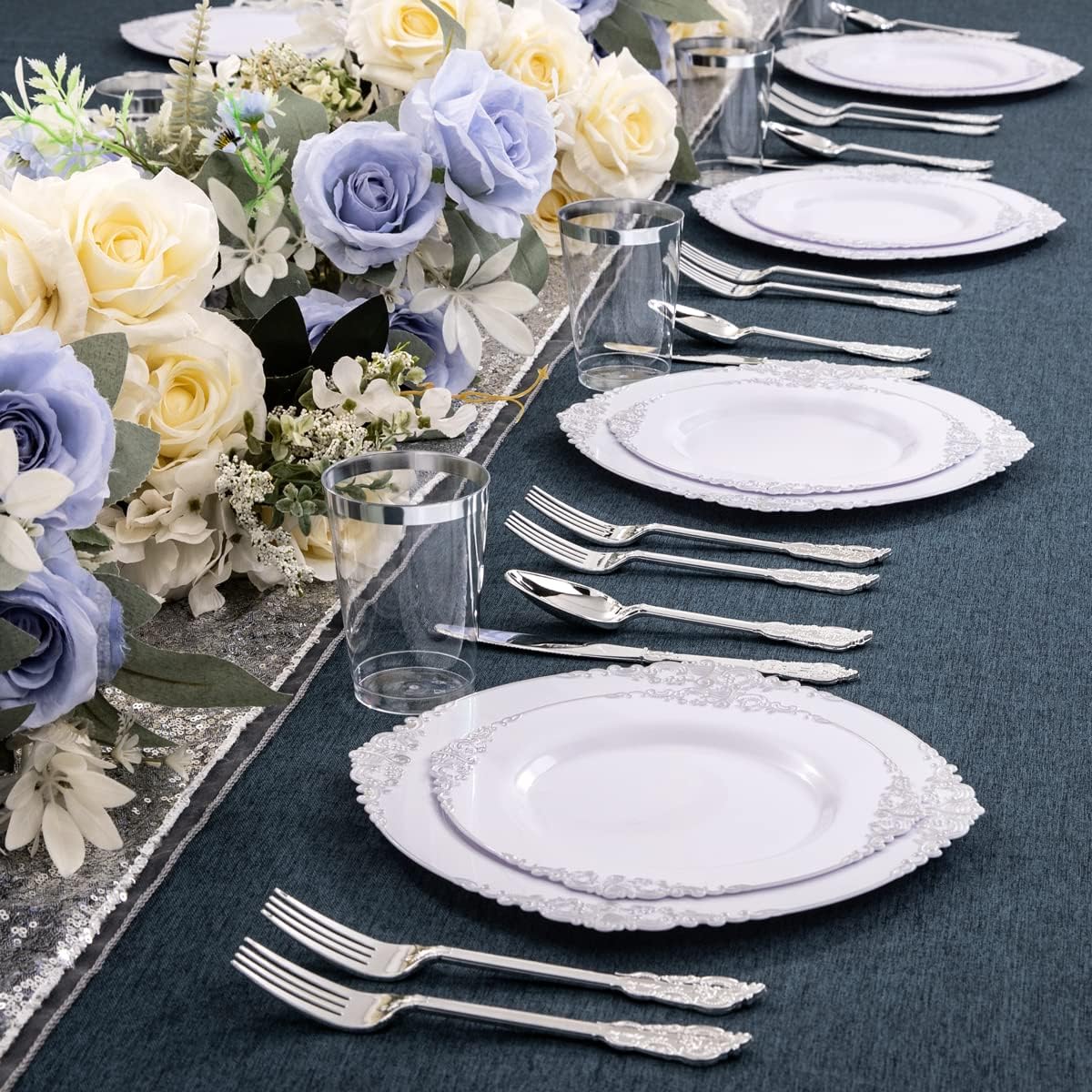 Hioasis 100pcs White Silver Plastic Plates for Party - 7.5" Dessert Plates Disposable, Heavy -duty, Classy and Elegant for Wedding - Image 7