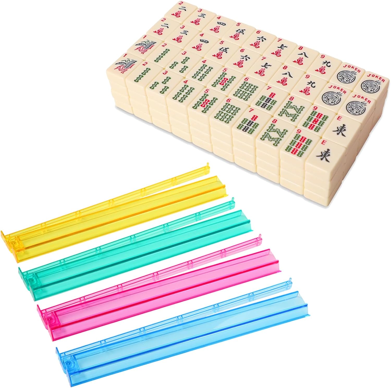 Set of American Mahjong Tiles & Mahjong All-in-One Tile Rack & Pusher, 166 American Mah Jongg Tiles with Ivory Color
