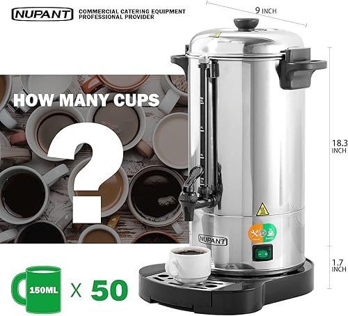 Miniatura 2 de Urna de café comercial de 50 tazas8 litros con percolador mejorado, dispensador de bebidas de acero inoxidable 304 con modo de mantener caliente,