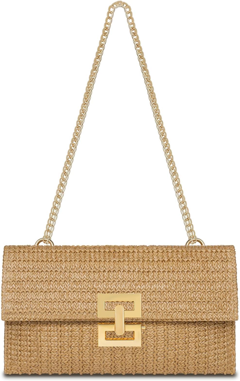 TazweeqStraw Clutch Purse for Women, Designer Evening Handbag, Summer Beach Shoulder Crossbody Bag, Compartment Chain Flap Twist Lock Straw Bag, Shoulder Bag