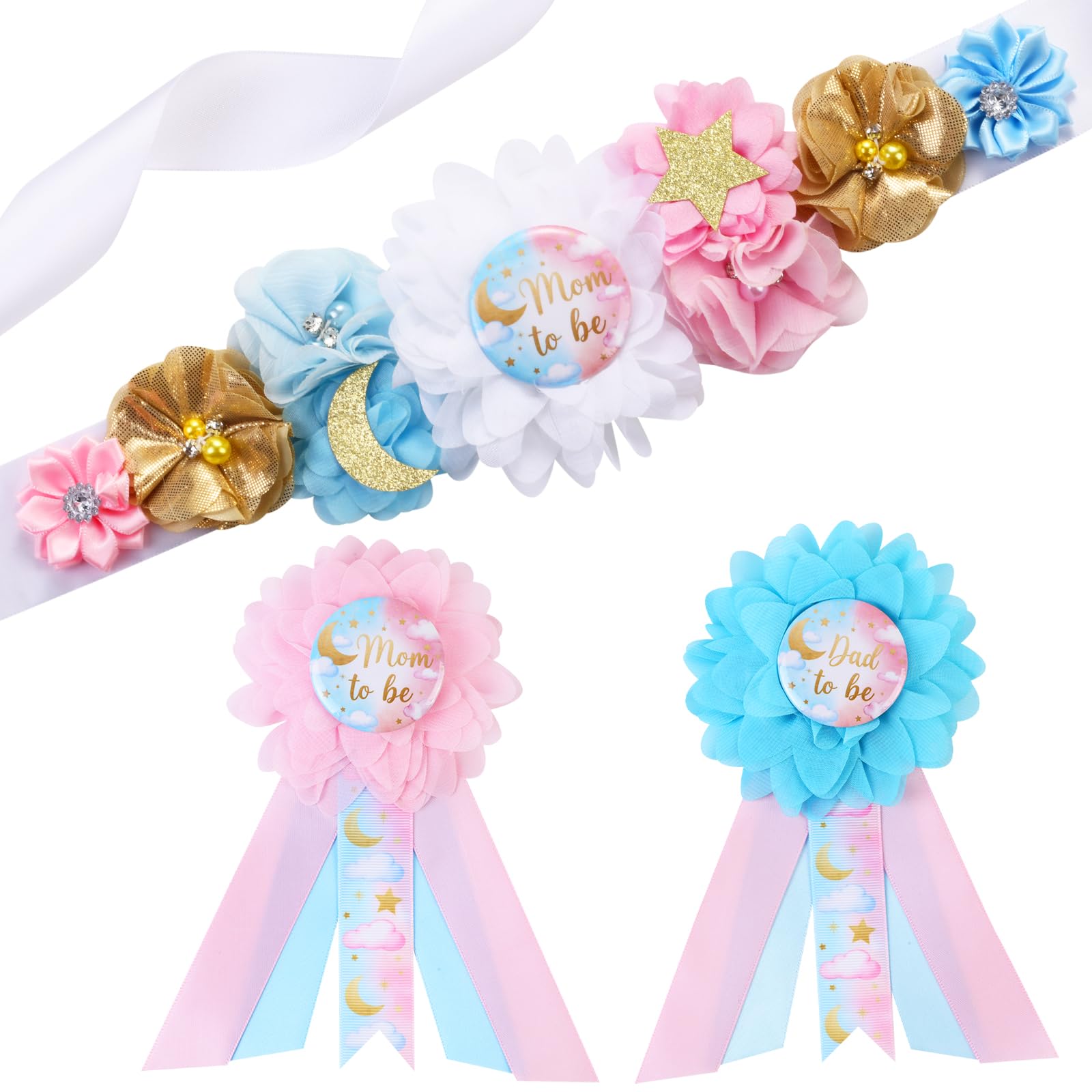 Cheerupp Twinkle Twinkle Little Star Gender Reveal Maternity Sash Kit, Starry Baby Shower Belly Belt and Mom to Be Dad to Be Corsage Pins, New Parent