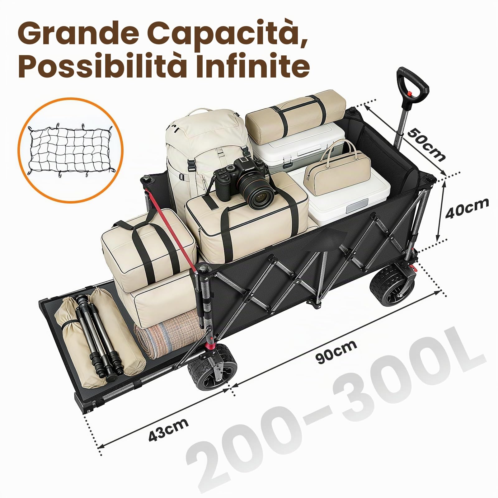 YEAUPE PRO Carrello Spiaggia 250KG, Carrellino con Ruote Grandi Girevoli a 360°, Tutti i Terreni, con rete elastica inclusa. Ideale per trasporto outdoor, prato e campeggio, 200-300L, Nero
