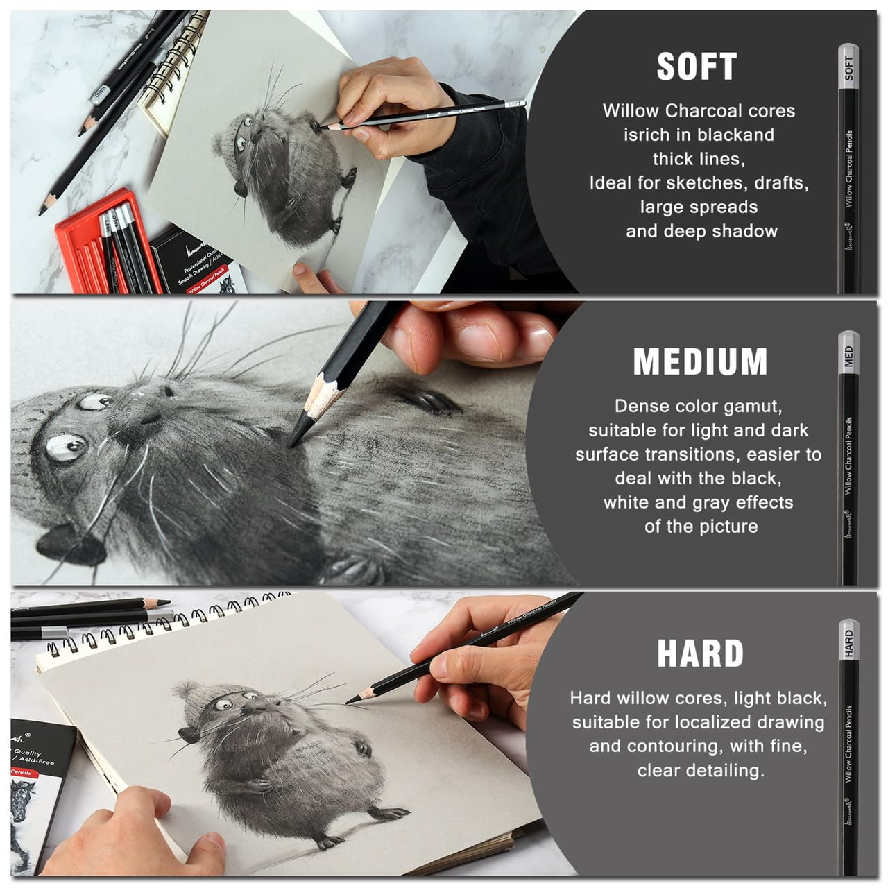 Brusarth Professional Charcoal Pencils Drawing Set - 8 Pieces Soft Medium and Hard Willow Charcoal Pencils for Drawing, Sketching, Shading - Image 4