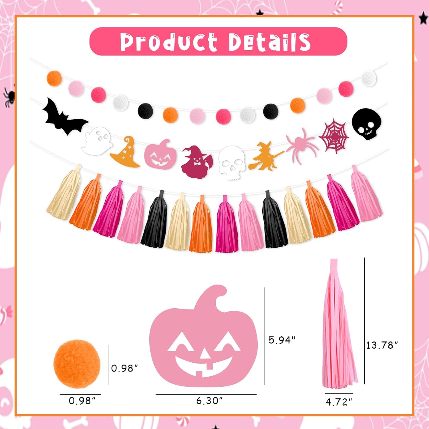 Pink Orange Halloween Birthday Decoration Tassel Garland Banner Hanging Skull Bat Spider Ghost Supplies for Wedding Baby Bridal Shower Bunting