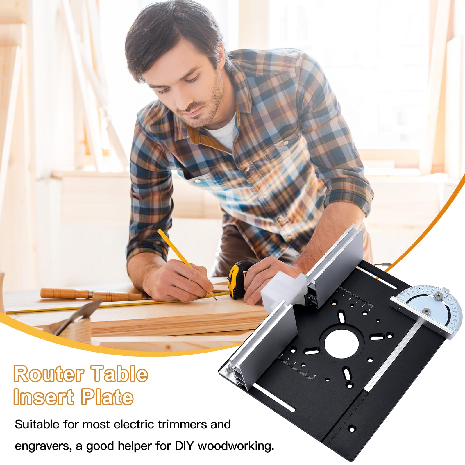 Placa de Inserción de Aluminio para Mesa de Fresadora con Guía Trasera y Regla de Ángulo, Negra