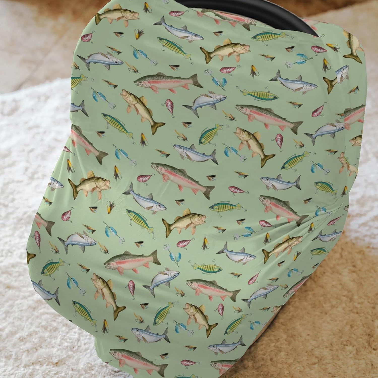 Fishing Baby Car Seat Covers Freshwater Fishes Lures Stretchy 5-in-1 Cover Adjustable Infant Carseat Canopy Cover Lake Outdoors Fishing Lovers Gift Breathable Nursing Cover-Up
