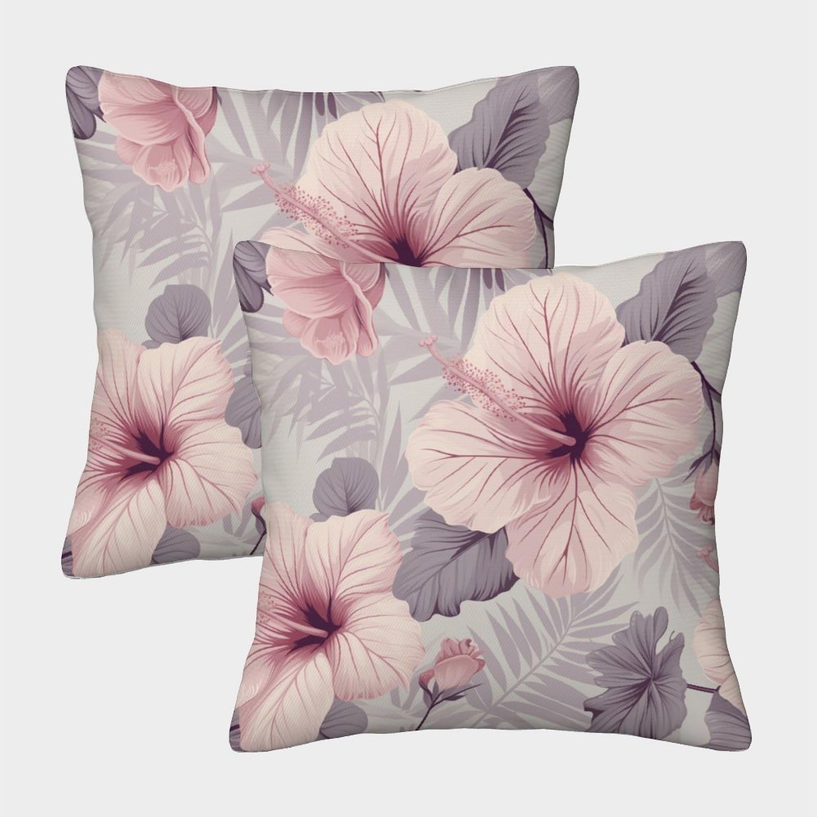 kaiyun 2 Pack Pink Hibiscus Flower，Tropical Plant Luxury Digital Printed Soft 3D Themed Square Cushion Cover 45x45cm