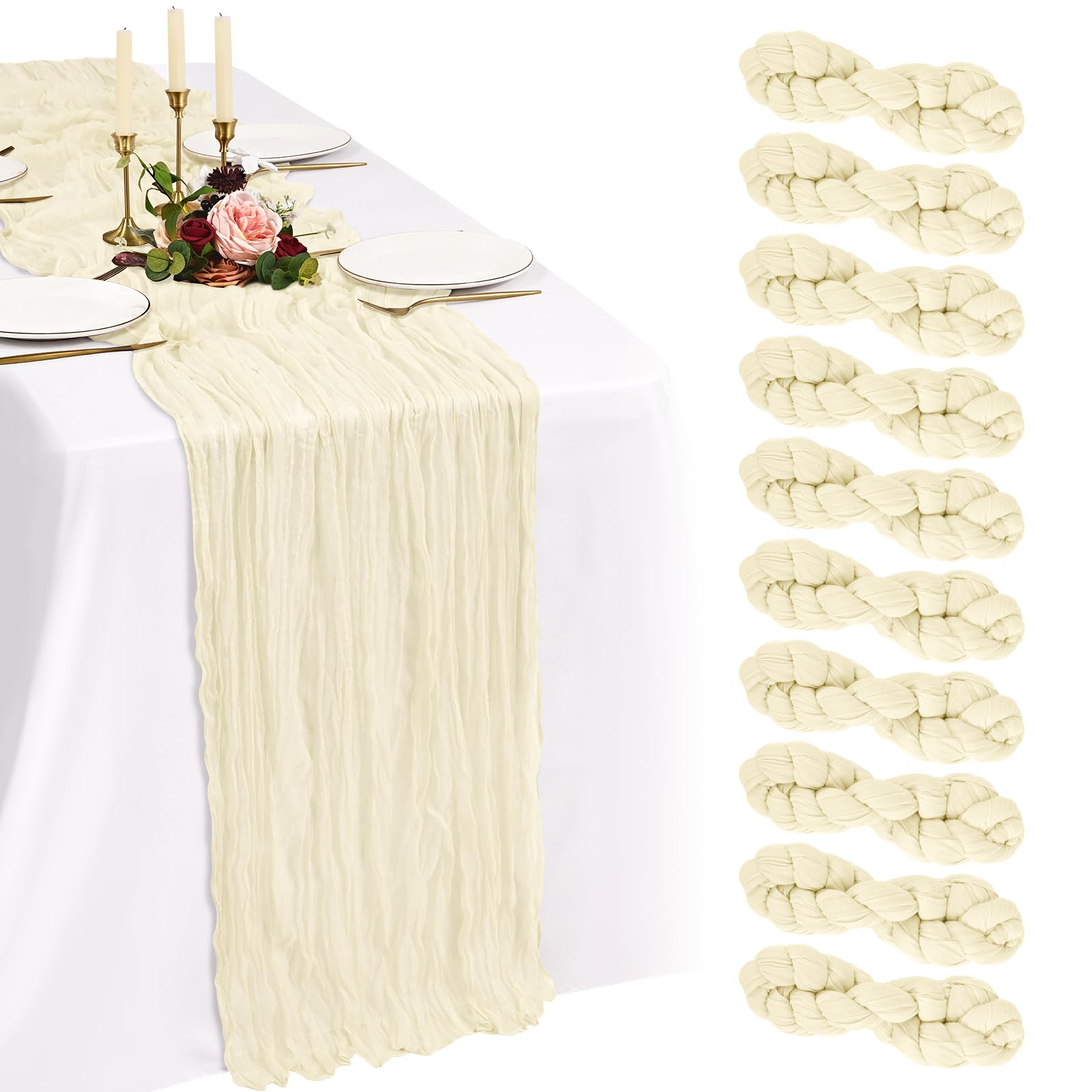 Showgeous Beige Cheesecloth Table Runner 90x300cm, Boho Gauze,10 Pack