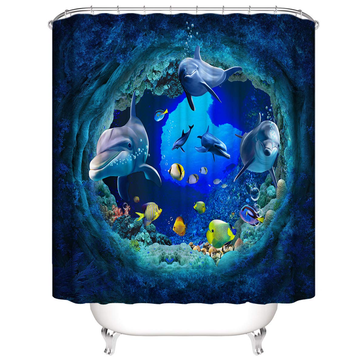 Underwater World 3D Ocean Dolphins and Tropical Fish Shower Curtain, Blue Underwater Cave Scene with Marine Wild Life Bathroom Decor Fabric Curtain 180 * 180cm