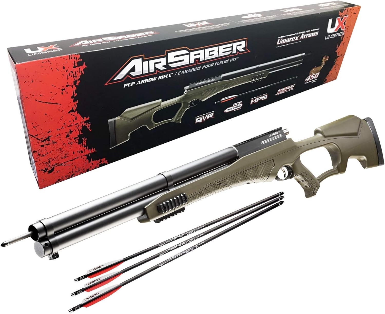 Wearable4U AirSaber PCP Powered Arrow Air Rifle with 3 Carbon Fiber Arrows with Included 100x Paper Targets and Cleaning Cloth Bundle, TargetsCleaning Cloth