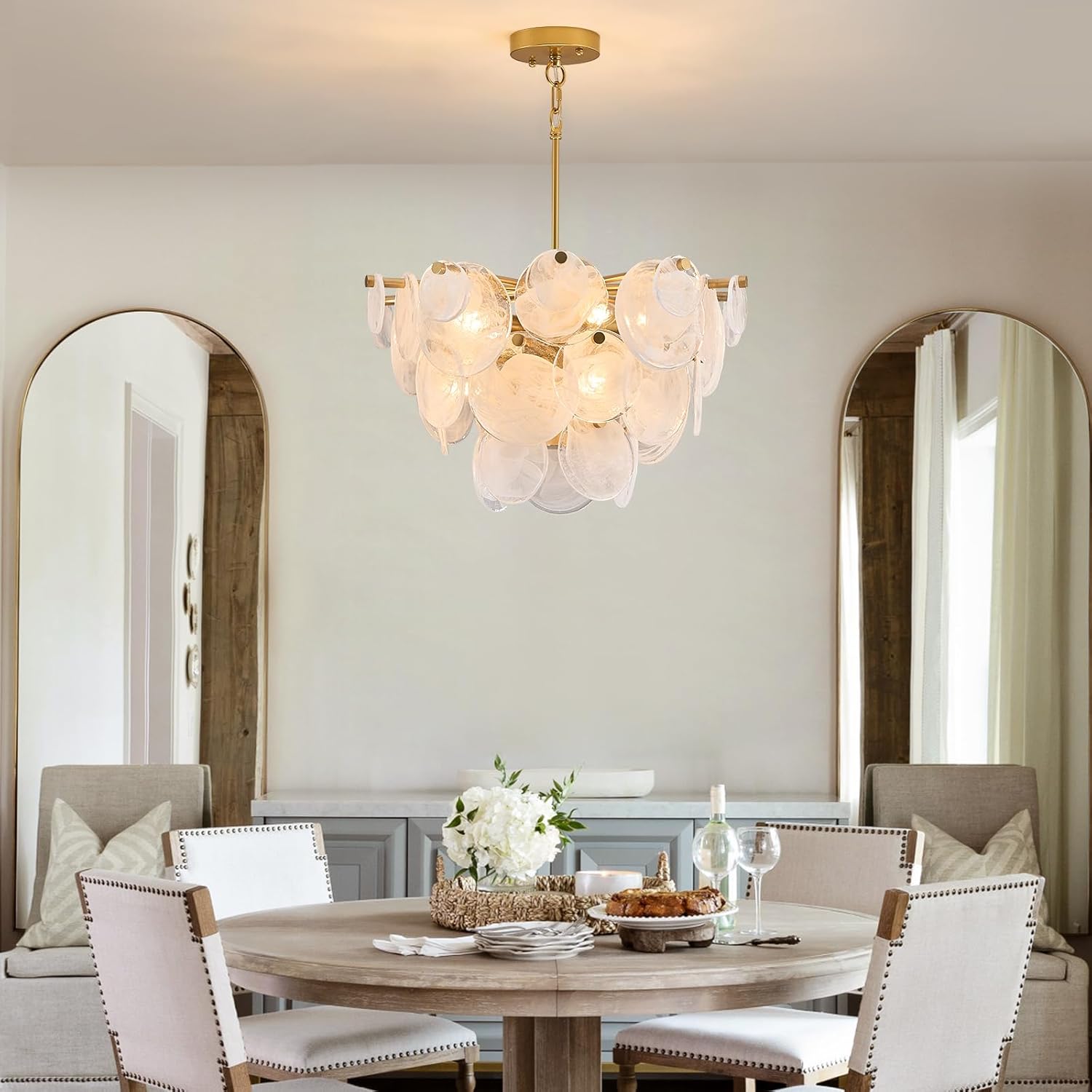 Gold Chandelier for Bathroom Alabaster Dining Room Light Fixture Modern Glass Chandeliers for Bedroom Living Room Kitchen Entryway Stairway and Foyer（Vintage capiz）