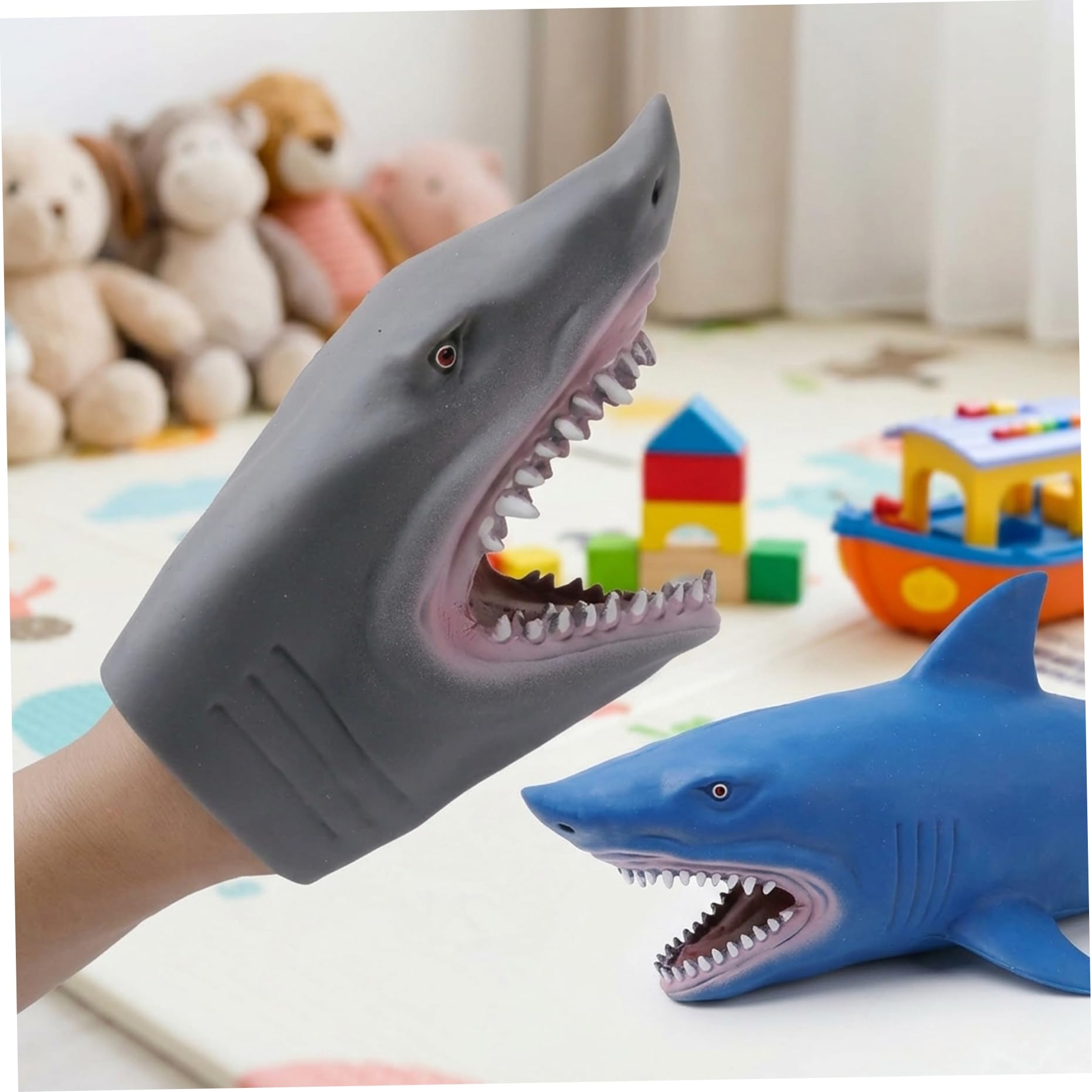 Marionetta a mano con squalo, confezione da 2 burattini realistici a forma di squalo in gomma morbida per giochi di ruolo per bambini, giocattoli interattivi con burattini mano per narrazione di st
