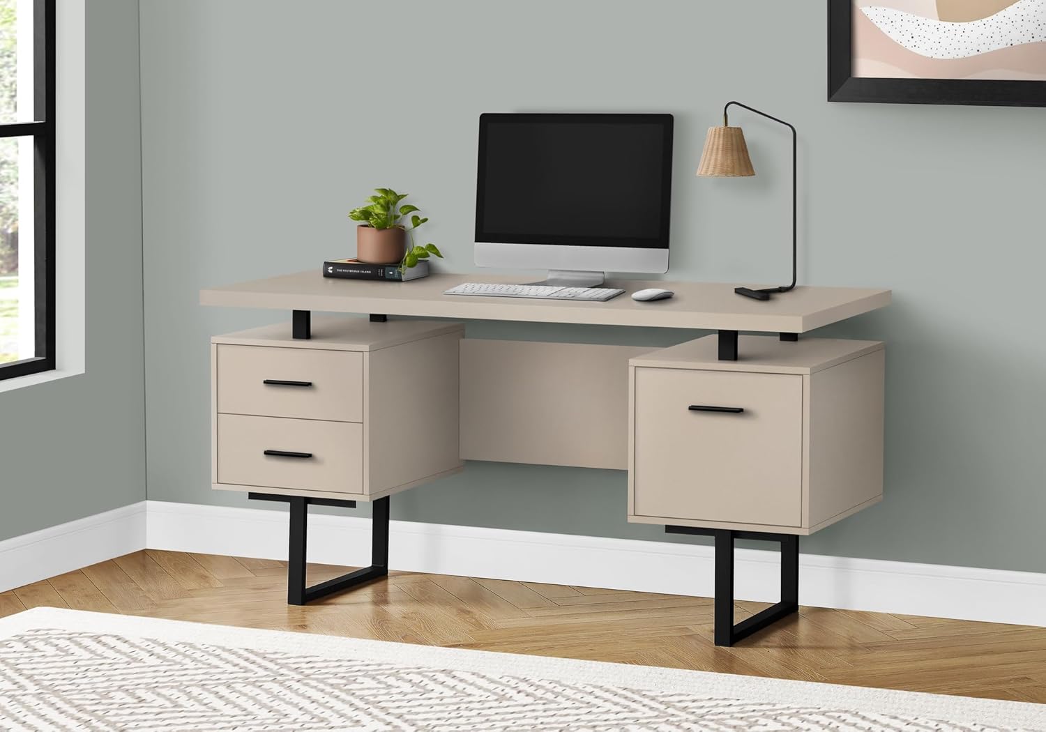 Monarch Specialties I 7629 Computer Desk, Home Office, Laptop, Left, Right Set-up, Storage Drawers, 60" L, Work, Metal, Laminate, Beige, Black, Contemporary
