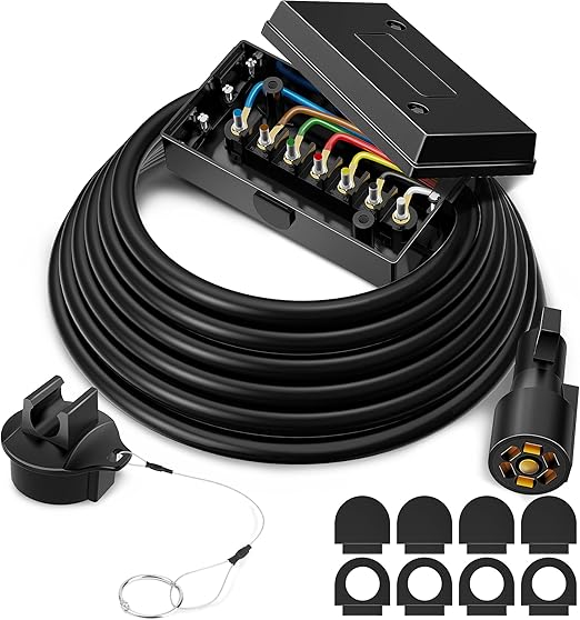 MICTUNING Heavy Duty 7 Way Plug Inline Trailer Cord with 7 Gang Junction Box 12 Feet, Weatherproof