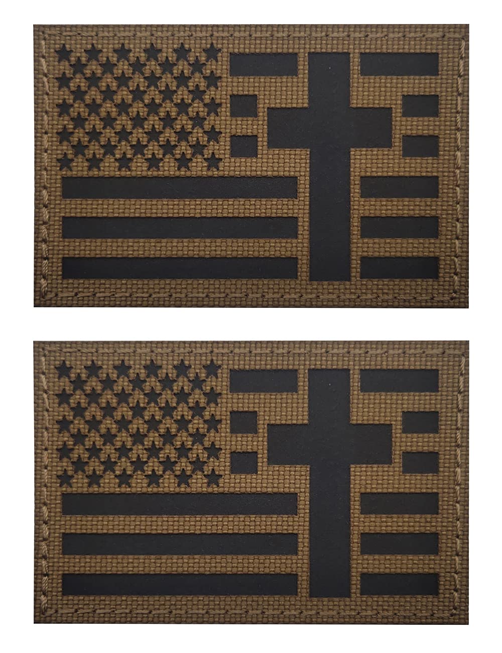 2 PCS AliPlus American USA Flag Cross Patches Reflective Patches Laser Cut Patch Tactical Morale Patch Hook and Loop(Brown)