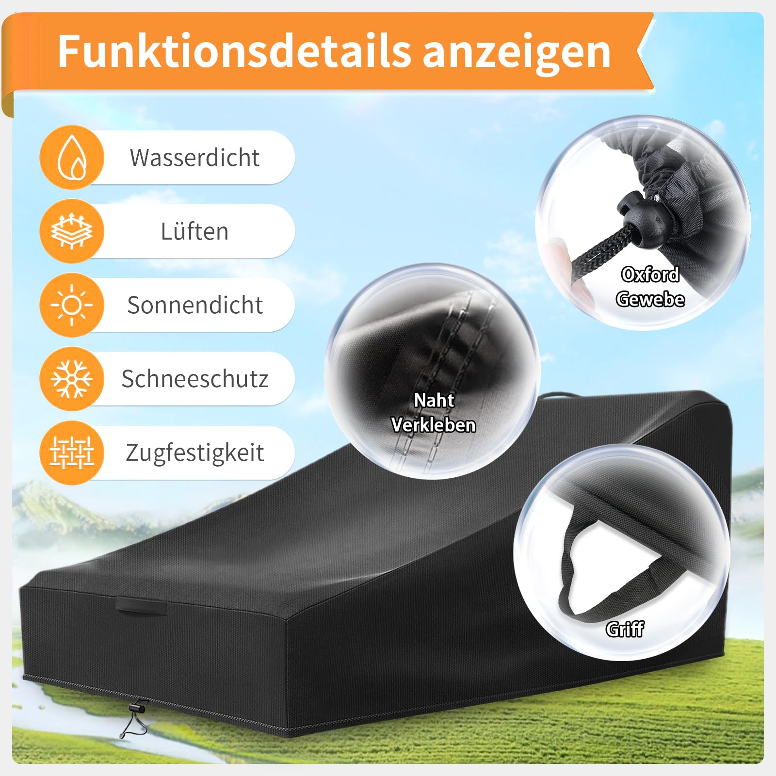Funda para Tumbona 2 Personas Impermeable, Doble Tumbona Al Aire Libre con Asa y Cordon, Resistente al Viento, 420D (210 * 160 * 40/90cm, Negro)