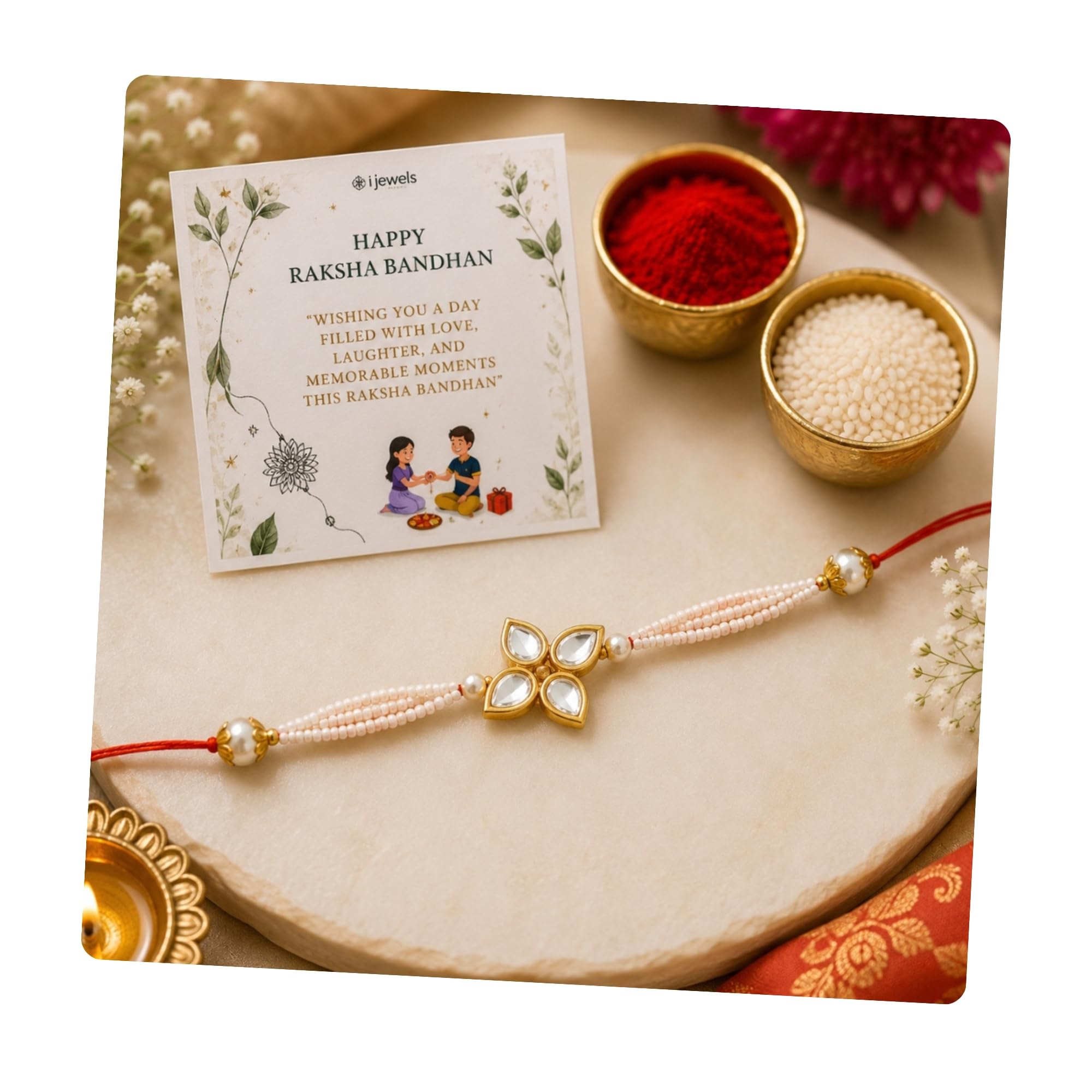 Rakshabandhan Designer Handcrafted Pearl & Kundan Bhaiya Rakhi With Roli Chawal for Brother/Bro/Men (R120W)-image-35