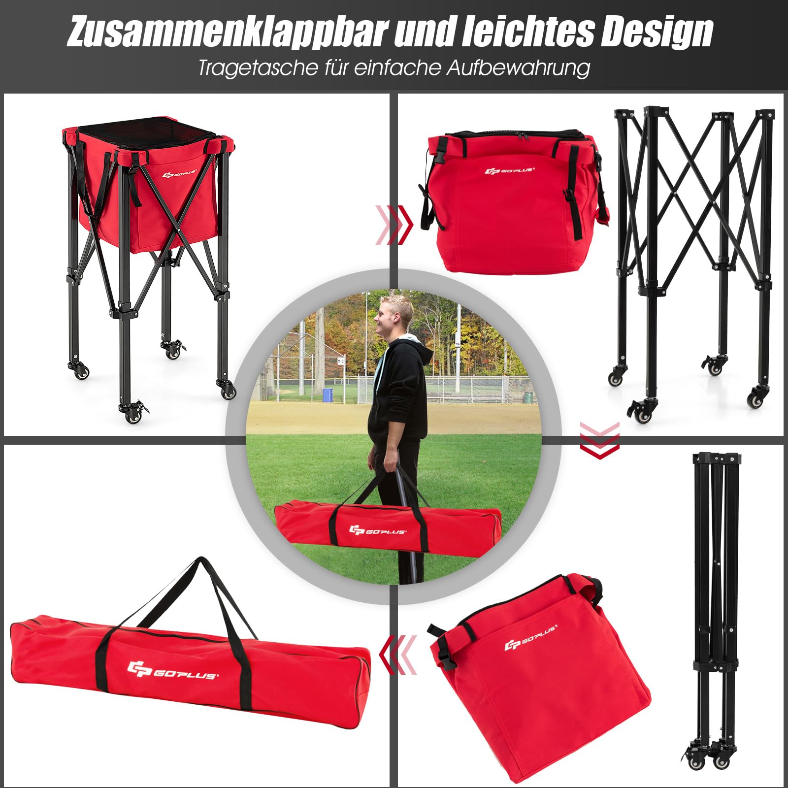 GOPLUS Carro de tenis plegable, carrito de pelotas portátil con bolsa de transporte, carrito de pelotas de tenis de aluminio y tela Oxford, soporta hasta 30 kg, cesta para pelotas de tenis, bádminton