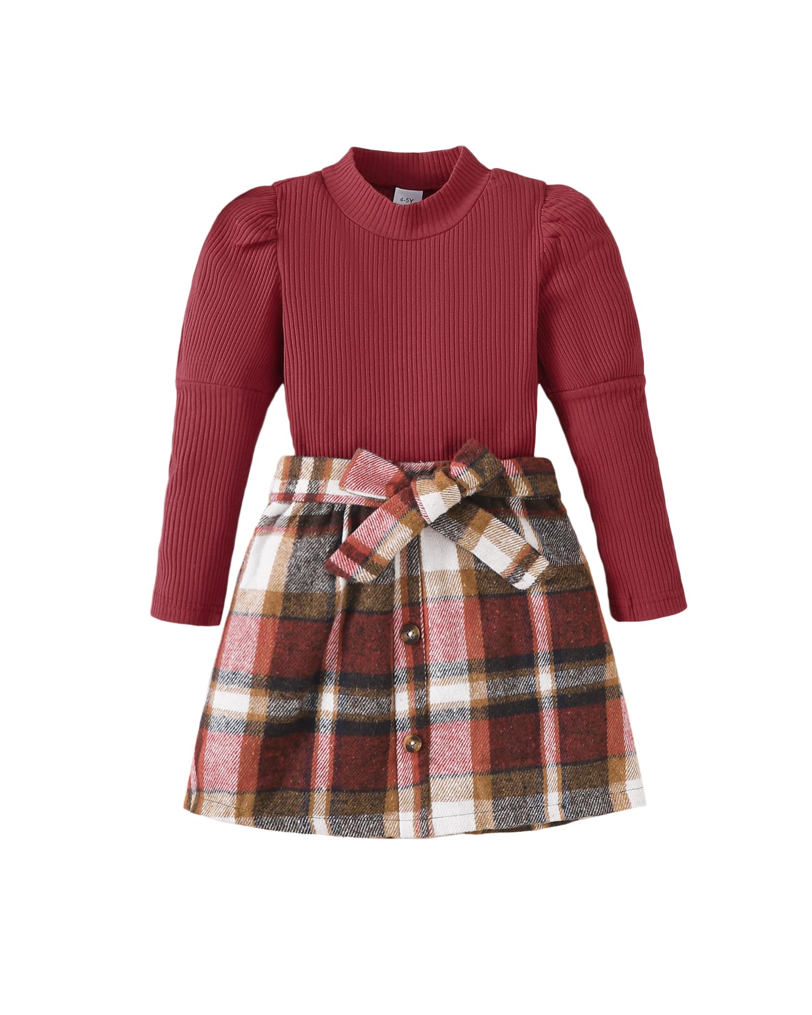 Kucnuzki Toddler Baby Girl Fall Winter Clothes Long Sleeve Ribbed Shirt Top Corduroy Mini Skirt Plaid A-line Dress Outfit